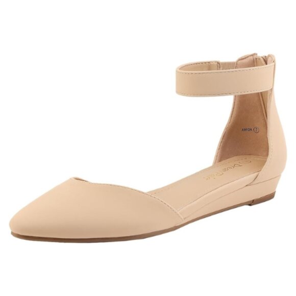 DREAM PAIRS "AMIGA" Women's Low Wedge Ankle Strap Dress Flats Shoes NUDE Size 9M - Picture 1 of 6